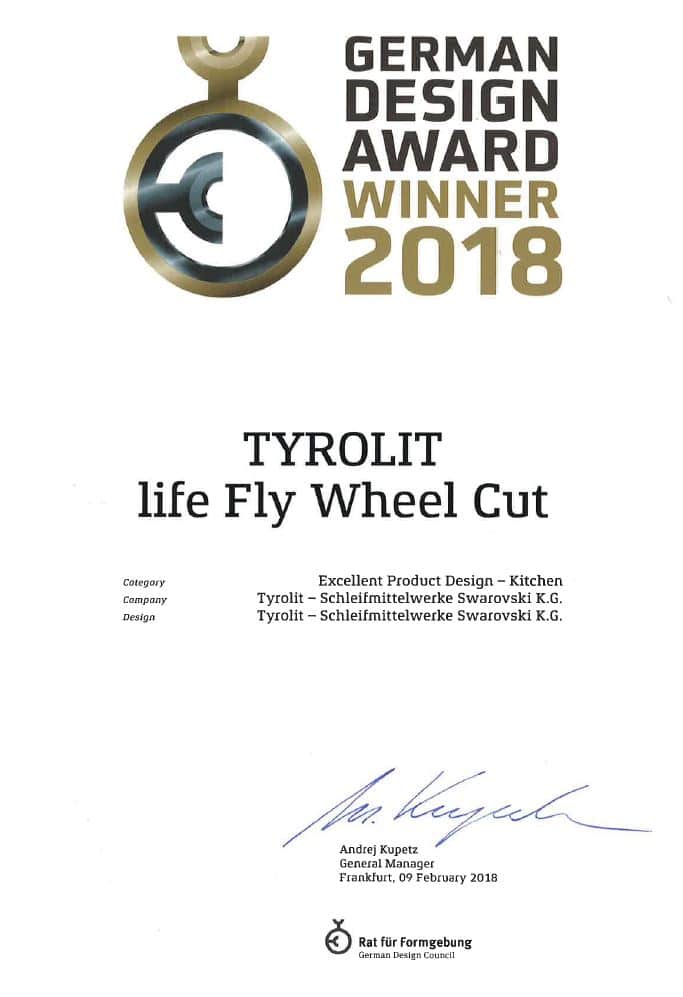 TYROLIT Life German Design Award Fly Wheel Cut Certificate
