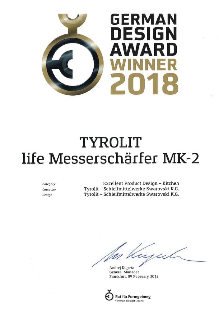 TYROLIT Life German Design Award Certificate for MK2 Knife Sharpener