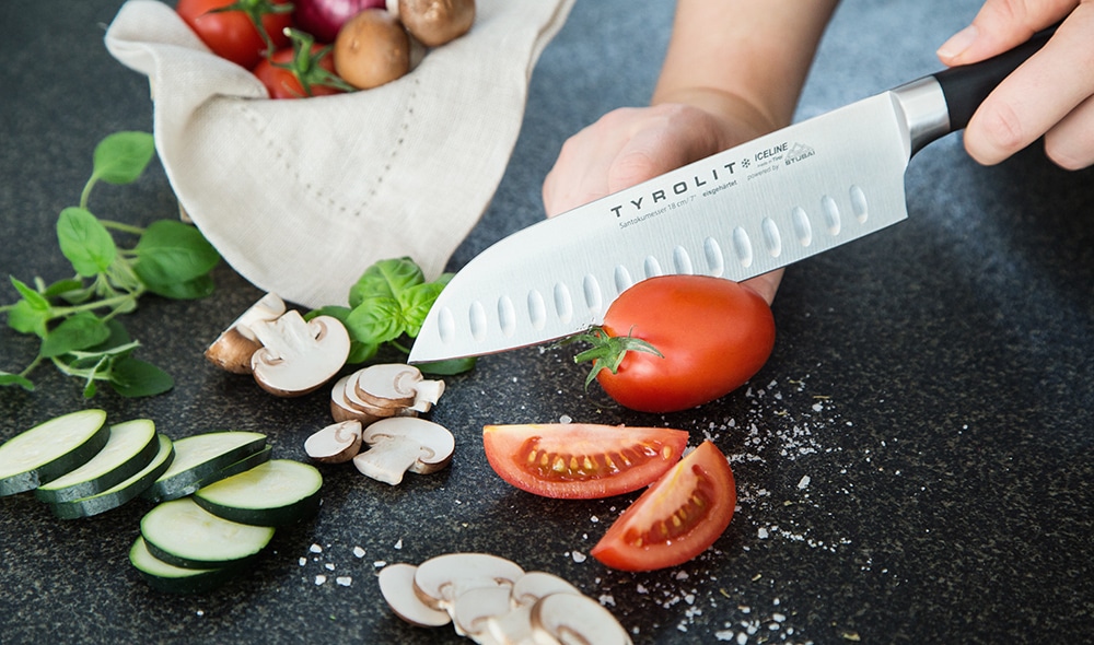 TYROLIT Life Iceline Santoku Knife Cutting Vegetables