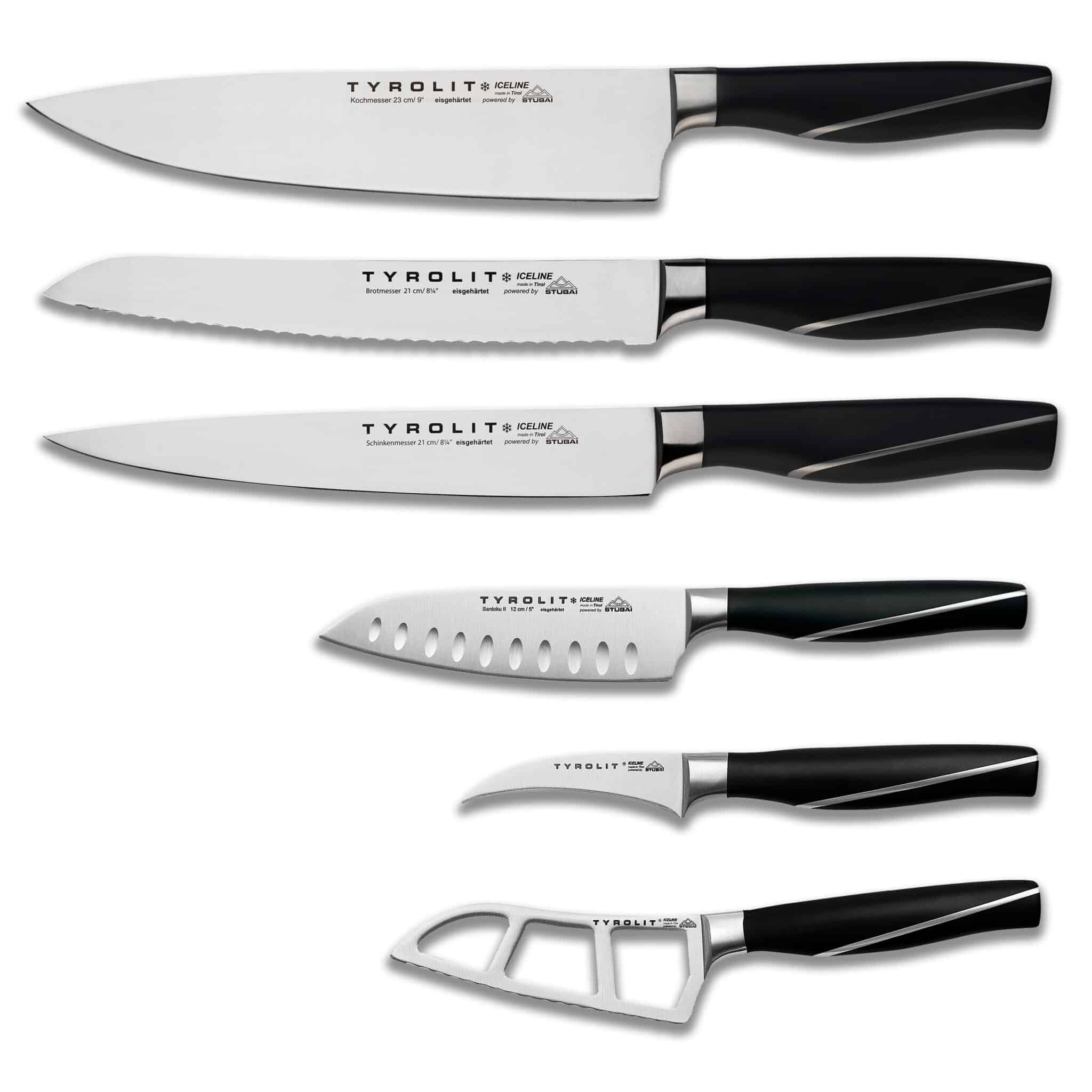 Tyrolit Life Iceline knife set Expert with chef's knife, bread knife, ham knife, santoku II, paring knife, and cheese knife