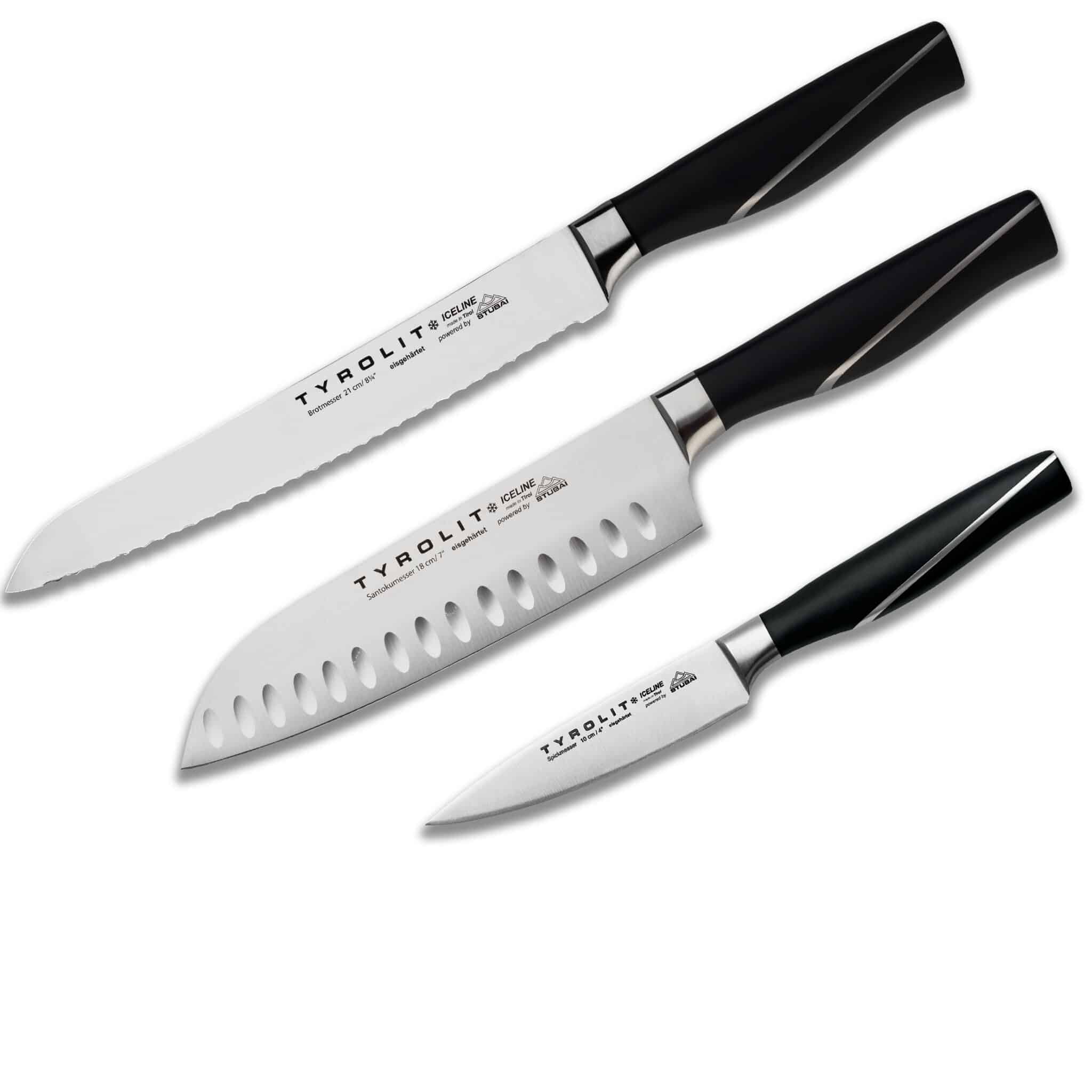 Tyrolit Life Iceline Universal knife set with bread knife, santoku knife, and paring knife